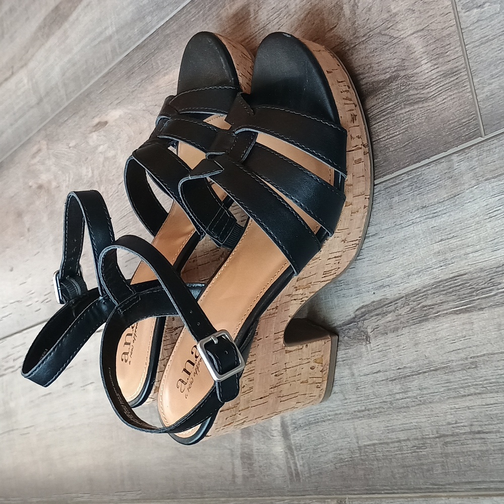a.n.a Black Strappy Cork Wedge Sandals